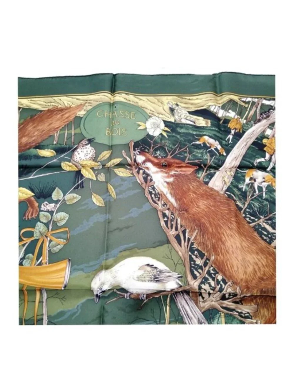 Authentic Hermès Chasse au Bois Carré 90 Silk Scarf Green Hunting Print Made in